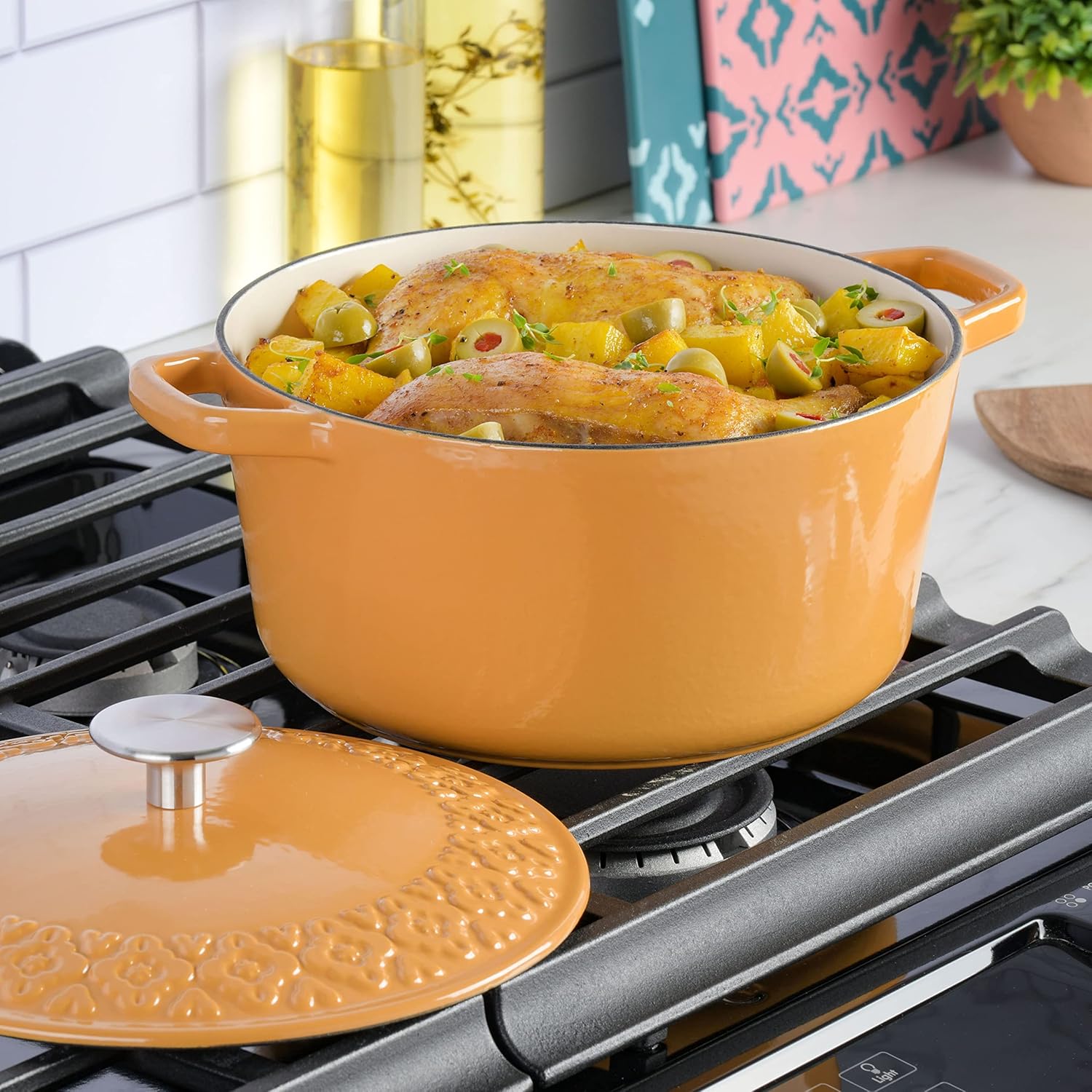 SPICE BY TIA MOWRY 3.5 QT 87075.02R Enamelled Cast Iron Dutch Oven with Embossed Lid, Honey Gold SPICE BY TIA MOWRY 3.5 QT 87075.02R Enamelled Cast Iron Dutch Oven with Embossed Lid, Honey Gold